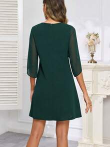 Women's Solid Color Round Neck Cocktail Party Ruffle Sleeve High Waist Chiffon A-Line Casual Dress Spring Elegant - Green - View 4
