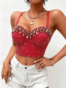 Áo croptop hở lưng đính đá, kim cương và ngọc trai gợi cảm, áo vest ôm sát tôn dáng cao cấp đa năng dành cho nữ. - Đỏ - Xem 1