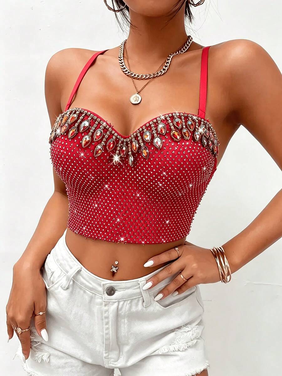 Áo croptop hở lưng đính đá, kim cương và ngọc trai gợi cảm, áo vest ôm sát tôn dáng cao cấp đa năng dành cho nữ. - Đỏ - Xem 1