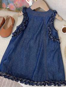 女童无袖牛仔连衣裙，带荷叶边装饰 - 藏蓝色 - 查看 6