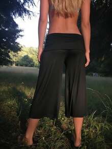 Fold Over Wide Leg Capri Pants For Women Low Rise Lounge Yoga Flare Culottes Y2k Flowy Crop Palazzo Pants Beach - 黑色 - 查看 2