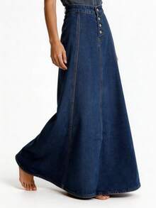 Cyscratia Women's Solid Color Casual Denim Long Skirt, Simple Daily Wear Denim Maxi Skirt - Màu xanh đậm - Xem 10