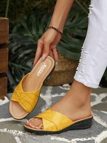 女士厚底凉鞋，休闲度假露趾厚底一脚蹬凉鞋，舒适大码 43 码 - 黃色 - 查看 4
