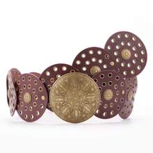 1pc Western Cowgirl Boho Style Women's Belt, BOHO Belts, Western Belts, Belts For Women, Y2K Belt, Y2K Accessories Western Waist Belt, Women's Fashion Accessory, Vintage Gold Engraved Print Buckle Metal Eyelet Rivet Perforated Round Patch Brown Waist Belt, Dress Accessory, Suitable For Party, Beach, Music Festival - Brown - View 7