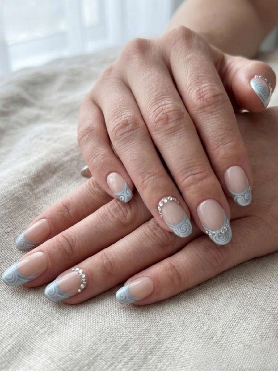 Elegante Redemoinho Azul Glamour em Minutos - 24 Unhas Postiças Médias Ovais Azul Redemoinho Ponta Francesa Strass Nude de Luxo Unhas Falsas de Fácil Aplicação Removível Reutilizável Kit com Cola de Gelatina e Palito de Unha - Imperdível para Mulheres Festa Casamento Chique Diário Primavera Verão 2026 - Azul bebê - Visão 1
