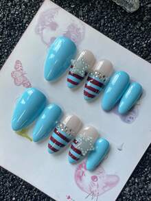10片手工制作蓝色杏仁形美甲贴片，夏季度假蓝条纹，钻石星星简约设计，假指甲生日礼物 - 彩色 - 查看 2