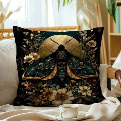 1件装自然风花卉飞蛾图案抱枕套，黑金撞色优雅装饰靠垫套（不含枕芯）