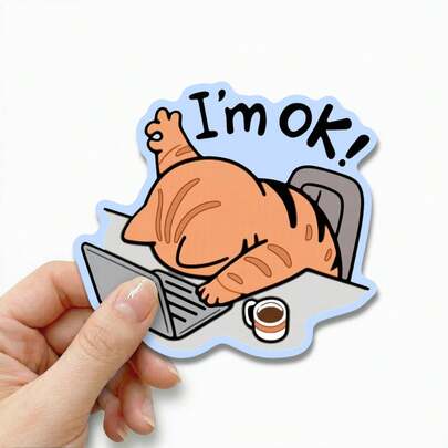 1张“我很好”猫咪贴纸，适用于办公室工作人员、笔记本电脑、水瓶等，防水乙烯基材质，成人适用，趣味猫咪贴纸，可用于笔记本电脑、手机壳、水瓶、办公桌装饰，可爱猫咪主题贴纸，适合日常工作和生活，易于粘贴和移除。