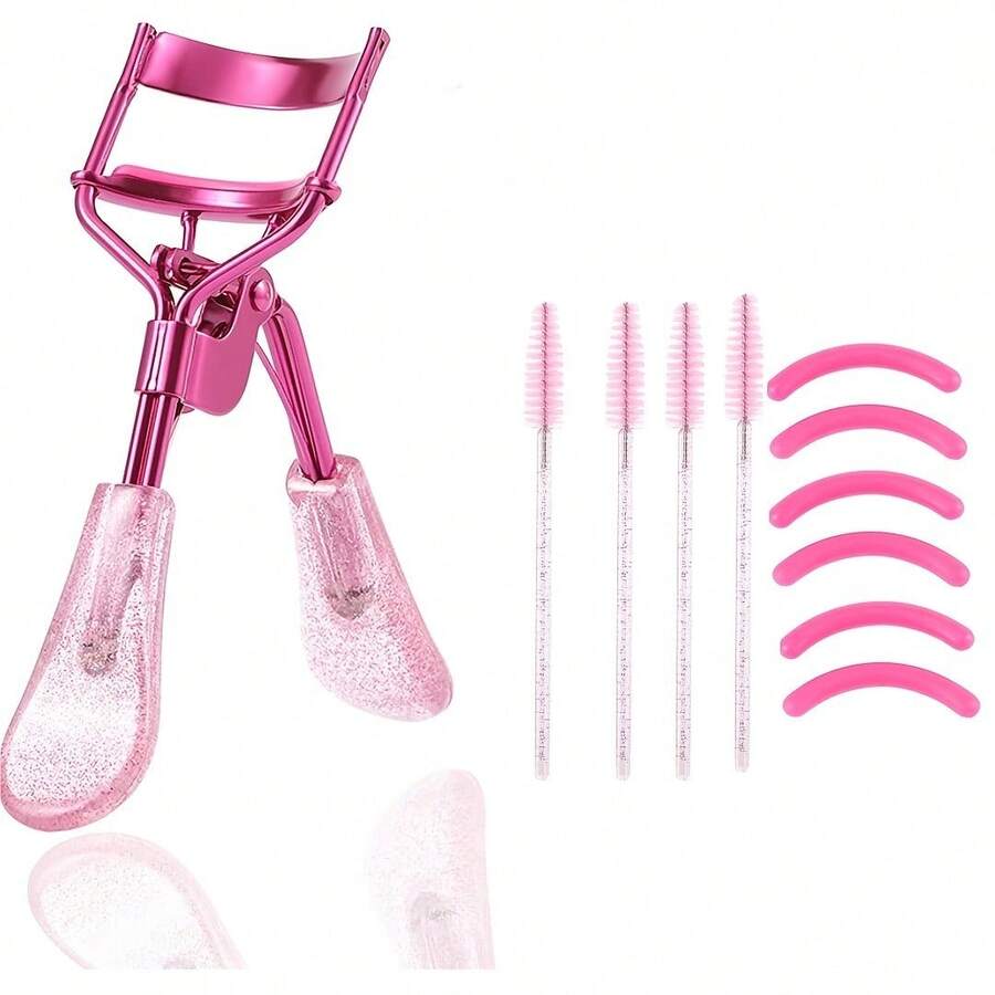 Flash Handle Eyelash Clip Set, Including 1 Eyelash Clip, 4 Eyebrow Combs, 6 Replacement Strips, With Silicone Supplement Pad - Stainless Steel, For Ladies And Girls In Casual Style - Pink - View 1