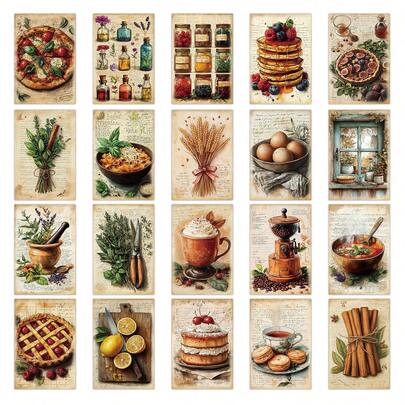 20pcs Vintage Food & Herb Illustrations Postcards, Unique Kitchen Theme Wall Art Collage Kit For Home Decor, Retro Recipe Style Decorative Cards For Scrapbooking & Crafting