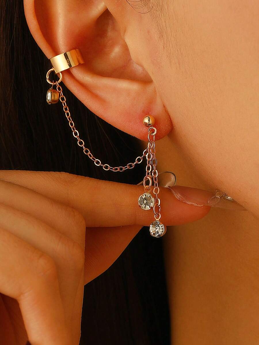 1 pieza Clip de oreja minimalista con borla de un solo lado, accesorio de pendiente único adecuado para mujeres - Oro único - Ver 1