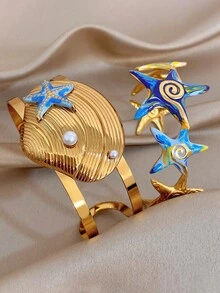 Bộ vòng tay mạ vàng 18K kiểu Bohemian hình sao biển, vỏ sò, đại dương, trang sức thép không gỉ, dành cho nữ, trang sức mùa hè phong cách Bohemian bãi biển, mùa nghỉ mát, quà tặng cho mẹ, thích hợp cho các buổi tiệc tùng, hẹn hò, đám cưới, lễ tình nhân, kỷ niệm, lễ hội âm nhạc, Giáng sinh, ngày lễ Phục sinh. - Nhiều màu - Xem 2