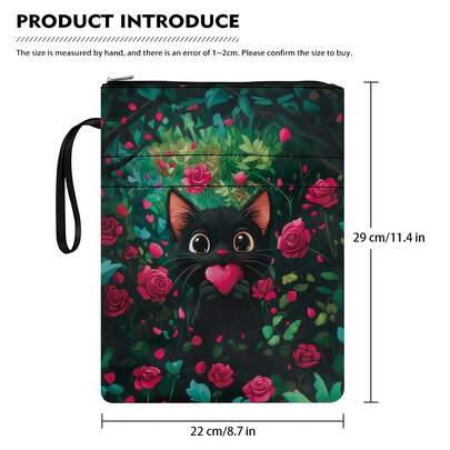 Cute Rose Flower & Cat Theme Zippered Book Cover With Lining, Paperback Book Protective Sleeve, Paperback Book Cover, Book Jacket, Book Protector, Book Bag, Printed Book Bag With Front Pocket, Multi-Functional Book Storage Bag, Suitable For School, Students, Teachers, Book Lovers