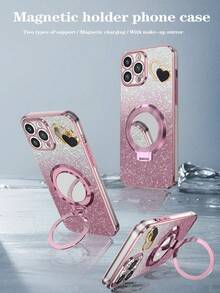 Ốp điện thoại mạ điện lấp lánh tương thích với iPhone 17/17 Air/17 Pro/17 Pro Max/16/16 Pro/16e/16 Pro/16 Plus/16 Pro Max/15 Pro Max/15 Pro/15 Plus/15/14/14 Pro/14 Plus/14 Pro Max/13/13 Pro/13 Pro Max, Ốp điện thoại có chân đế gương, Ốp điện thoại hình trái tim tự làm tương thích với Samsung S26U/S25/24P/A56/16/26, Tương thích với Redmi Note 14/15/13/11 Pro - Hồng - Xem 1