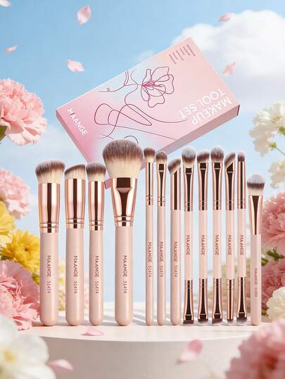 MAANGE 母亲节13件套可重复使用化妆刷套装，含纸质收纳盒，包括粉底刷、面部刷、散粉刷、腮红刷、遮瑕刷、轮廓刷、鼻影刷、高光刷、眼影刷、眼线刷和细节刷。居家或外出皆可使用，适用于液体、膏状和粉状化妆品，可用于打圈、晕染和面部清洁。送给妈妈的礼物。