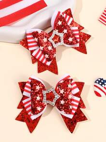 2PCS 4th Of July Hair Bows Girls Red Glitter Hair Clips, Red Blue Bow Hair Clip, Fashion National Flag Day Hairpins, Exquisite Imitation Diamond Pentagram Bow Hair Clips, Sparkling National Day Gift, Teens Hair Accessories Girl Hair Accessories - Red - View 7