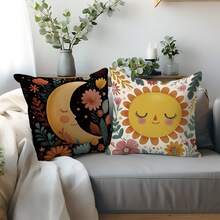 MEMNUN 2件装波西米亚风清新神秘塔罗日月花卉印花抱枕套【不含枕芯】，尺寸17.7*17.7英寸（45*45厘米），【单面印花】，涤纶材质，手绘卡通日月图案抱枕套，北欧ins风，适用于客厅、卧室、房间装饰、家居装饰、卧室装饰、房间装饰用品，可用于沙发、客厅、卧室、汽车、办公室、酒店、民宿装饰，是馈赠亲朋好友的完美礼物。 - 彩色 - 查看 1