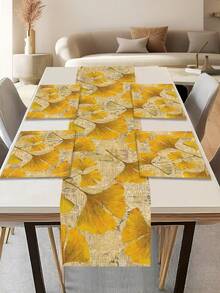 1pc Ginkgo Leaf Pattern Printed Table Runner, 4pcs Ginkgo Leaf Pattern Printed Placemats, Suitable For Holidays, Parties, Birthdays, Dinners, Kitchen & Dining Room Decor, Applicable For All Seasons, Home Textile Decoration - Multicolor - View 1