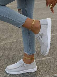 Women's Loafers, Casual Holiday Style, Four Seasons Style, Indoor And Outdoor, Solid Color Pattern, Versatile, Light And Comfortable, Round Toe, Elastic Laces, Easy To Put On And Take Off Flat Shoes - 灰色 - 查看 3
