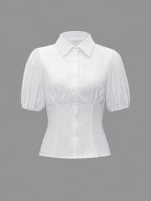 Look Polly 女士 Y2K 风格校园衬衫，休闲衬衫，前开襟纽扣，简约白色上衣，适合海滩、校园、度假和约会等场合。 - 白色 - 查看 3