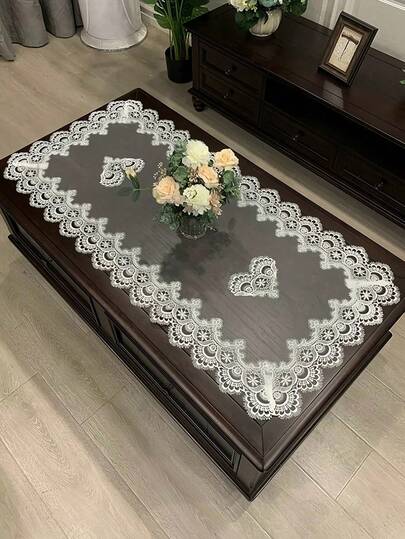 1pc Lace Trim Mesh Rectangular Tablecloth, Modern Polyester Fiber Tablecloth For Dining Table, Coffee Table, Daily Home Decor And Wedding Party Holiday