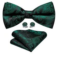 Elegant Fresh Dark Green Tropical Pattern Bow Tie Handkerchief Cufflinks Flower Pin 4Pcs Men Accessory Set - Dark Green - View 2