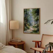 1 pièce Œuvre murale du chemin boisé ensoleillé, promenade en forêt paisible à l'aquarelle, affiche de paysage de sentier naturel, peinture de paysage impressionniste calme, décoration murale de paysage d'arbres et de chemin rustiques, sans cadre - paysage - Voir 2
