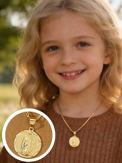 14K Gold Plated Copper Virgin Mary Zirconia Necklace For Girls, Vintage Religious Style. Durable Bright Color, Won't Easily Oxidize Or Fade. Delicate Lightweight Chain Suitable For Children To Wear Without Burden On The Neck.