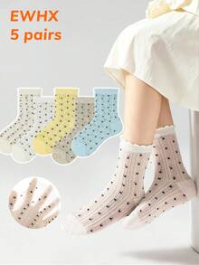 5双春夏薄款儿童蕾丝波点袜，透气舒适，时尚百搭，马卡龙度假风 - 彩色 - 查看 9
