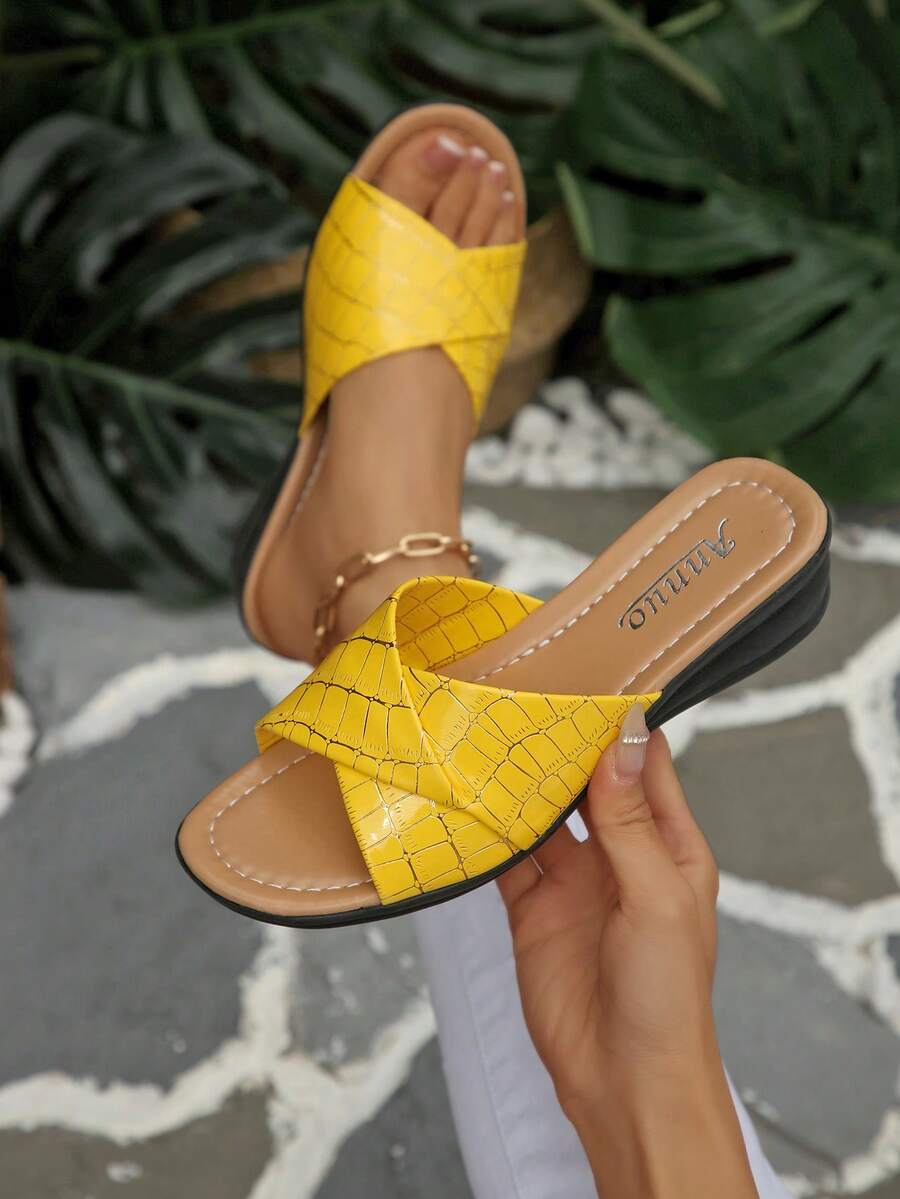 女士厚底凉鞋，休闲度假露趾厚底一脚蹬凉鞋，舒适大码 43 码 - 黃色 - 查看 1