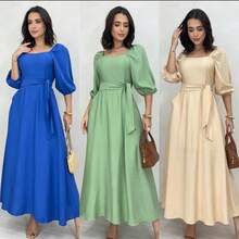 Women's Elegant Wide Dress With 3/4 Sleeve, A-Line Cut, Adjustable Waist And Square Neckline – Fashion Casual Chic Spring Summer Casual Elegant And Casual Fabric - 淺粉色 - 查看 2