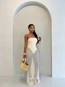 Summer Vacation Style Women's Strapless Hollow-Out Sexy Knitted Unique Dress - 黑色 - 查看 3
