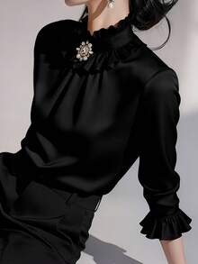 Women's New Black Ruffle High Collar Fashion Rhinestone Decor Button Shirt, Comfortable Silky Satin Long Sleeve Blouse, Elegant Versatile Office Commute Style, Suitable For Party, Outing, Spring/Summer/Autumn, Machine Washable, Solid Color Floral Collar Trim Daily Wear - Black - View 5