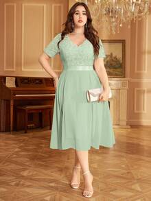V-Neck Ruffle Lace Printed Chiffon A-Line Swing Dress, Summer Casual Dress Suitable For Birthday, Graduation, Back To School Occasions - Mint Green - View 9