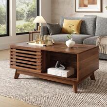 Modern Retro Coffee Table With Adjustable Table Height, Sliding Doors With Roller Shutters, Walnut Texture, MDF Table Body, Multifunctional Living Room Table - Brown - View 11