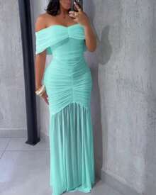 ChicMe Women's Off Shoulder Ruched Long Mermaid Hem Dress, Sleeveless Fitted Elegant Cocktail Party Dress - Mint Green - View 7