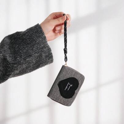 Ví đựng thẻ/tiền xu kiểu xếp ly có dây đeo, ví đựng thẻ thời trang unisex, ví đựng thẻ hình trái tim bằng vải denim!