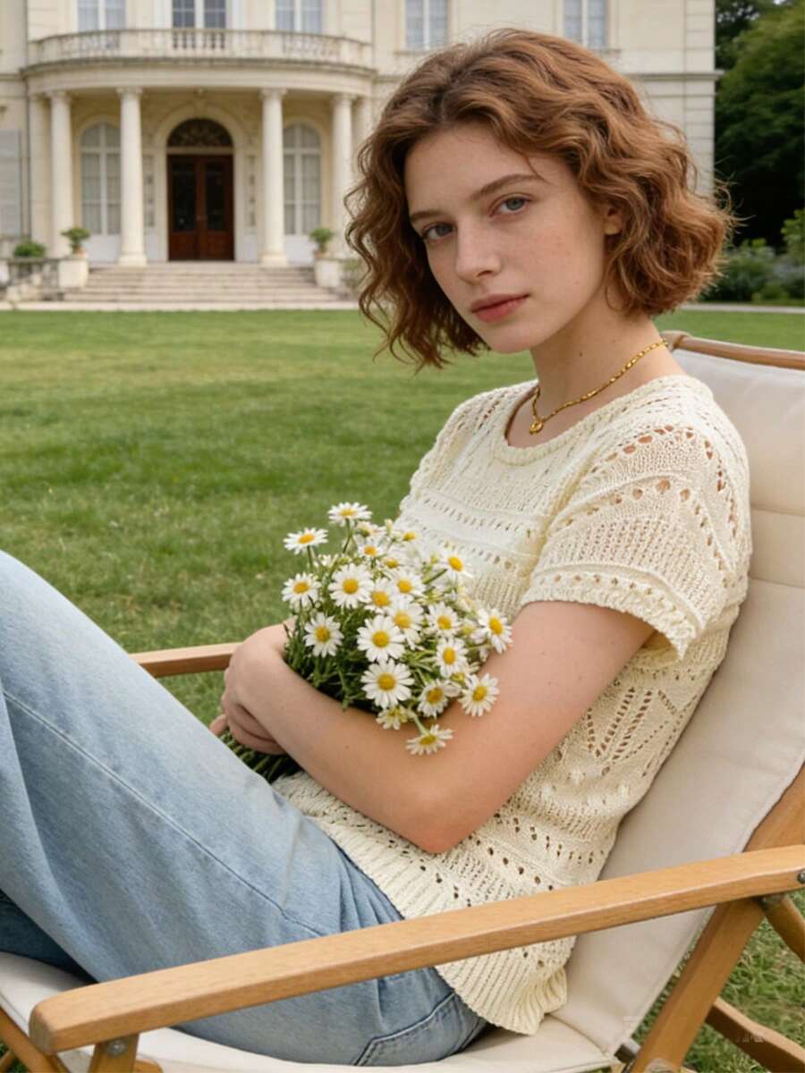 Suéter de cuello redondo tejido para mujer, suéter corto de unicolor clásico con diseño hueco, cómodo y casual para primavera/verano - Albaricoque - Ver 1