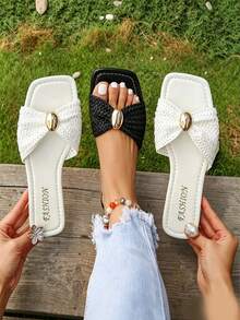 New Summer French Style Square Toe Slides For Women, Fashionable Fairy Style Flat Sandals, Versatile Outdoor Wear Slippers, Lightweight Comfortable Open Toe Slip-On Slides Perfect For Beach - Multiple Styles - View 2