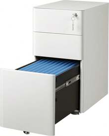 Schreibtisch Rollcontainer mit 3 Schubladen – Metall Aktenschrank mit Rollen, praktischer Unterschrank für Büro & Home Office - Weiss - Übersicht 1