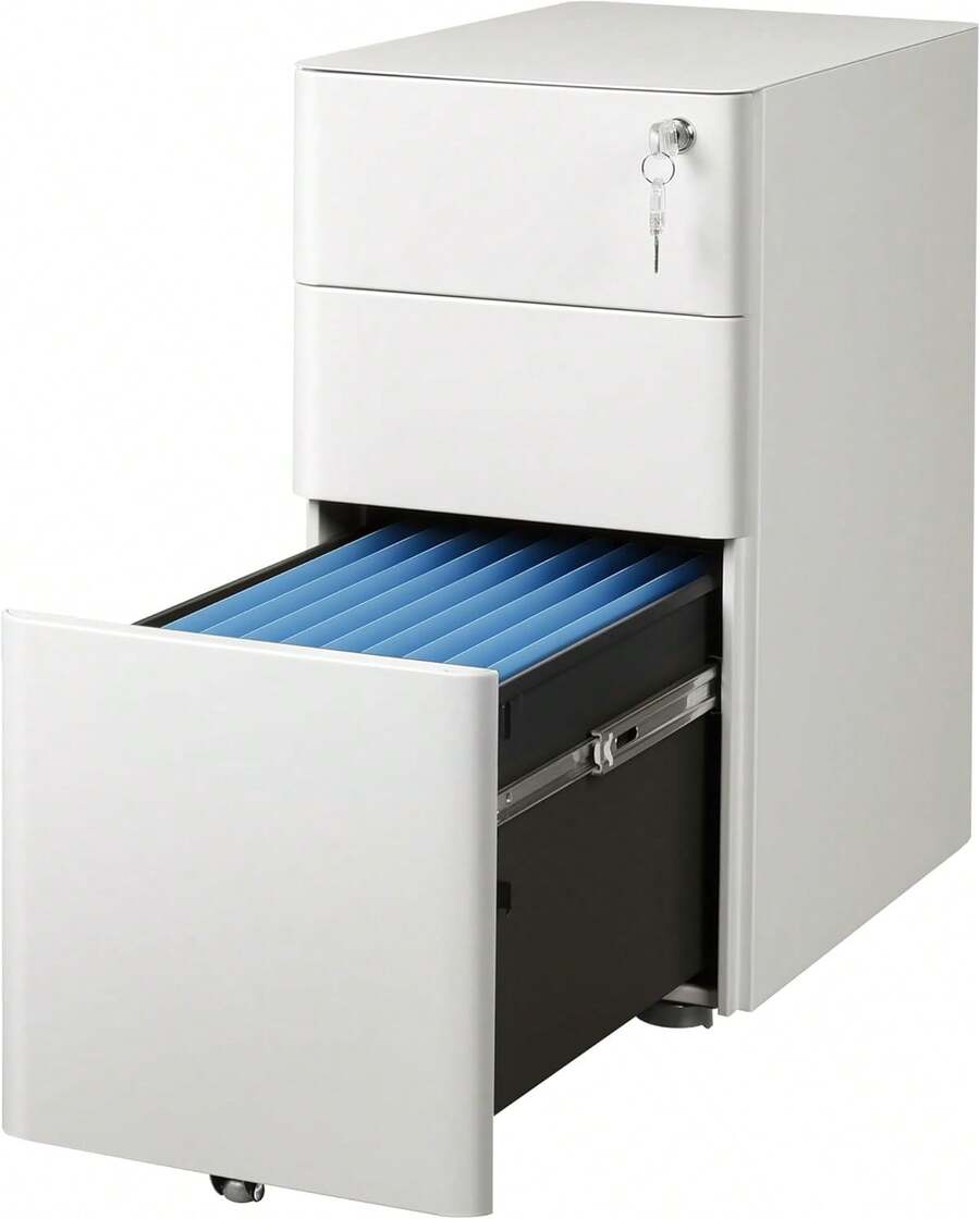 Schreibtisch Rollcontainer mit 3 Schubladen – Metall Aktenschrank mit Rollen, praktischer Unterschrank für Büro & Home Office - Weiss - Übersicht 1