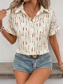 Plus Size Women Allover Print Single-Breasted Casual Versatile Daily Wear Shirt Vacation Summer - Apricot - View 5