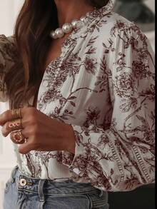 ii Elegant Printed V-Neck Puff Sleeve Shirt With Button Details, Casual & Versatile, Suitable For Spring And Autumn - Apricot - View 5