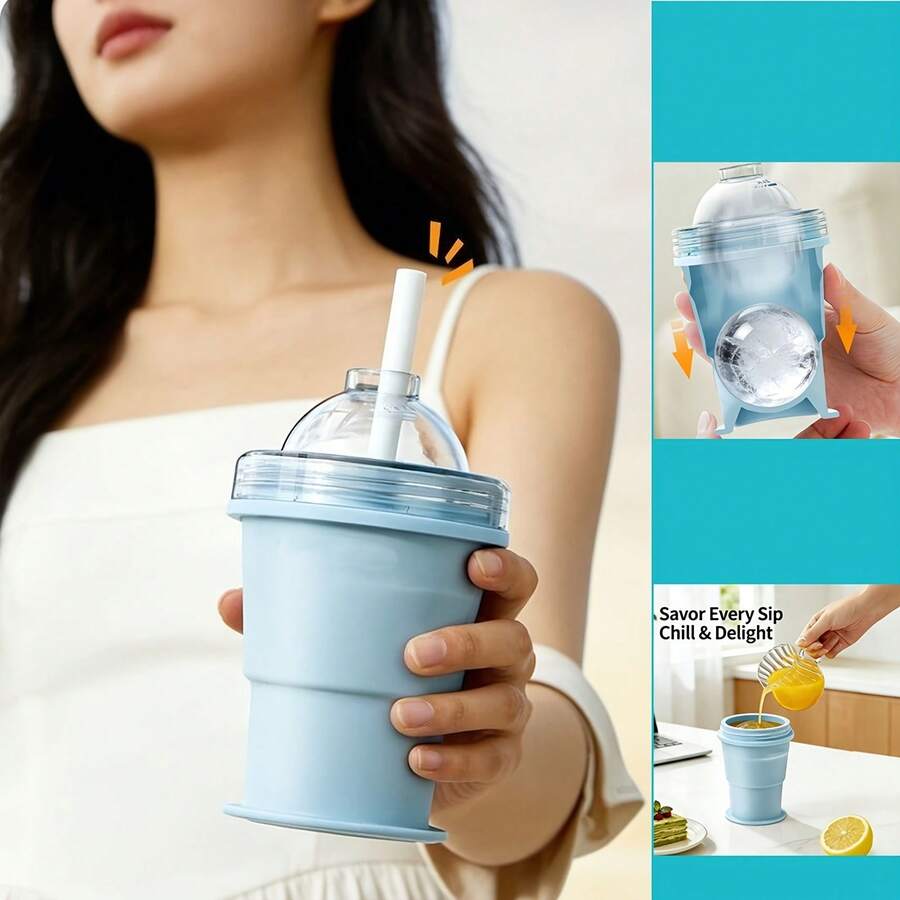 2-In-1 Foldable Silicone Ice Ball Cup With Straw - Portable Reusable Ice Mold Cup, Outdoor Sports Travel Water Bottle For Summer, Anytime Ice Ball Maker - Multicolor - View 1