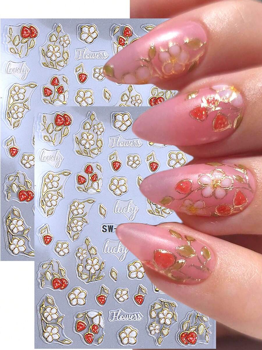 SWEET TREND 5D金属花卉水果浮雕美甲贴纸2片装,奢华金线白雏菊红草莓春夏花卉印花水果DIY全息优雅烫印雕刻自粘沙龙贴纸滑动美甲装饰,适合女性和女孩美甲设计 - 彩色 - 查看 1