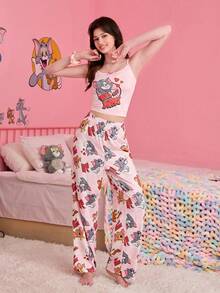 Noctvar OBM Sleepwear X TOM & JERRY 女士字母卡通印花吊带背心和裤子休闲家居服套装 - 彩色 - 查看 2