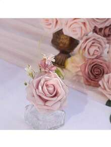 27pcs Set (25 Rose Flowers, 2 Leaves) Artificial Ivory Foam Roses With Stems, Suitable For DIY Wedding Bouquets, Bridal Shower Centerpieces, Party Table Decor, Valentine's Day And Mother's Day (Excluding Gift Box) - Multicolor - View 3