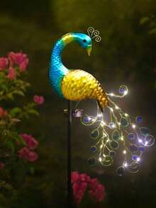 1 pieza Lámpara de arte de hierro con forma de pavo real alimentada por energía solar, luz ambiental nocturna LED para exteriores, adecuada para decorar tu propio jardín, efecto de iluminación suave, brillando por la noche, luz solar con forma de ave para el césped - Multicolor - Ver 8