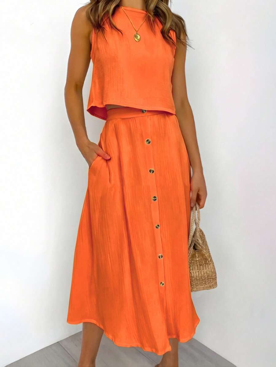 Women's Solid Color Sleeveless Top + Casual Loose Front Button Decoration Skirt 2-Piece Set, Summer Outfit Elegant - Orange - View 1