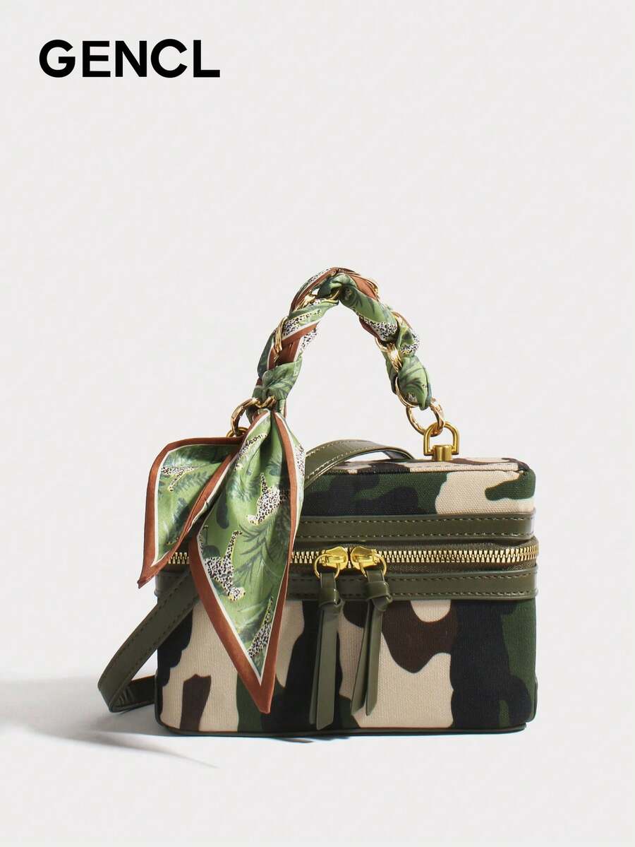 Women 2025 New Summer High-End Silk Scarf Chain Camouflage Chic Mini Square Box Bag Small Versatile Lightweight Stylish Messenger Crossbody Handbag | Travel, Vacation, Shopping, Date, Commute, Gift For Women, Mothers, Teachers, Friends, Bridesmaids - 杏迷彩 - 查看 1